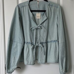 Free People Light Wash Chambray Tie-Front Blouse